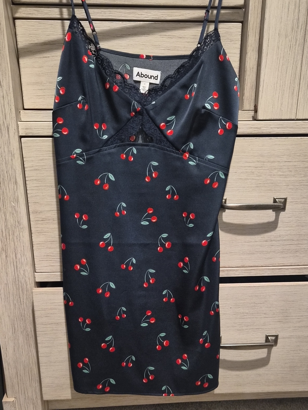 Abound Navy Cherry Print Satin Slip Dress with Lace Trim Night Gound